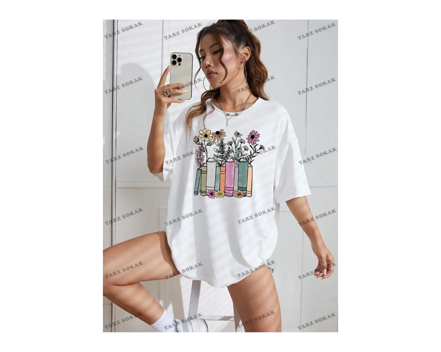 Unisex BAY  Çiçek Desenli Düşük Omuz Tişört KOD-1315