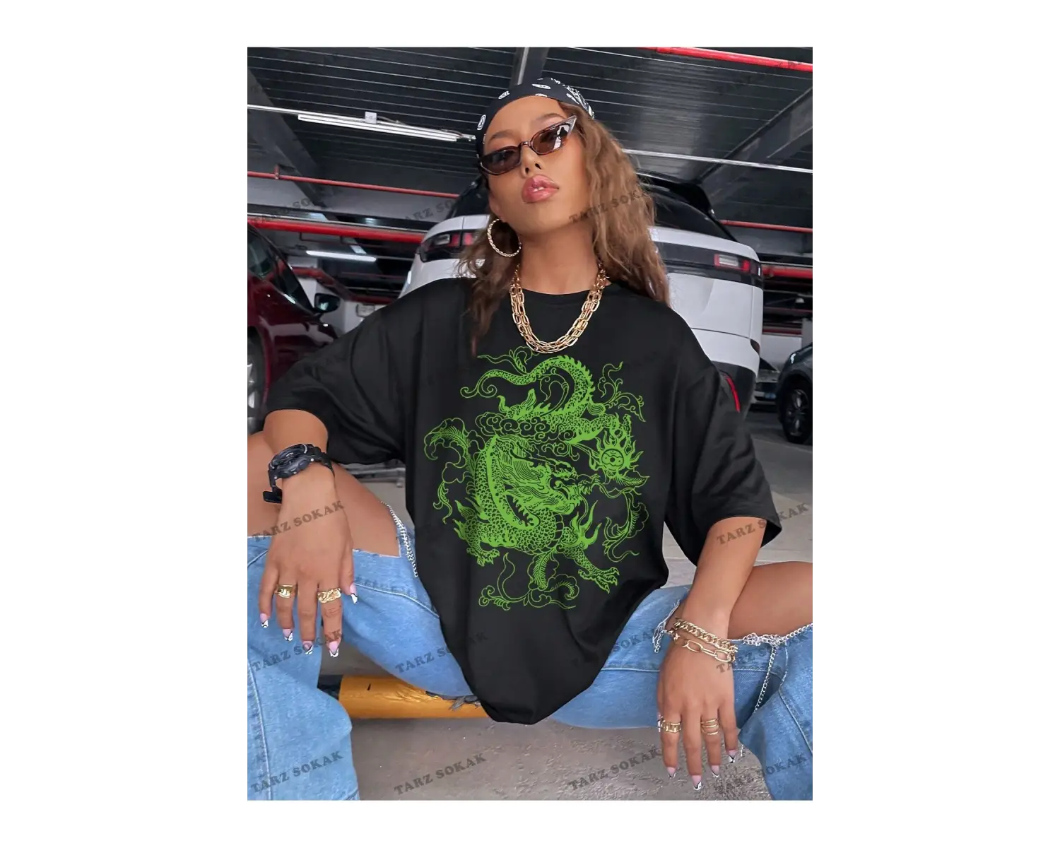 Unisex BAY  Ejderha Baskılı Düşük Omuz Kısa Kollu Tişört KOD-1349