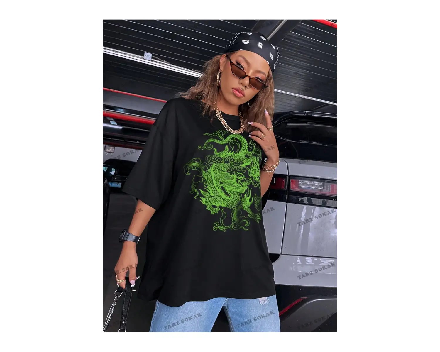 Unisex BAY  Ejderha Baskılı Düşük Omuz Kısa Kollu Tişört KOD-1349