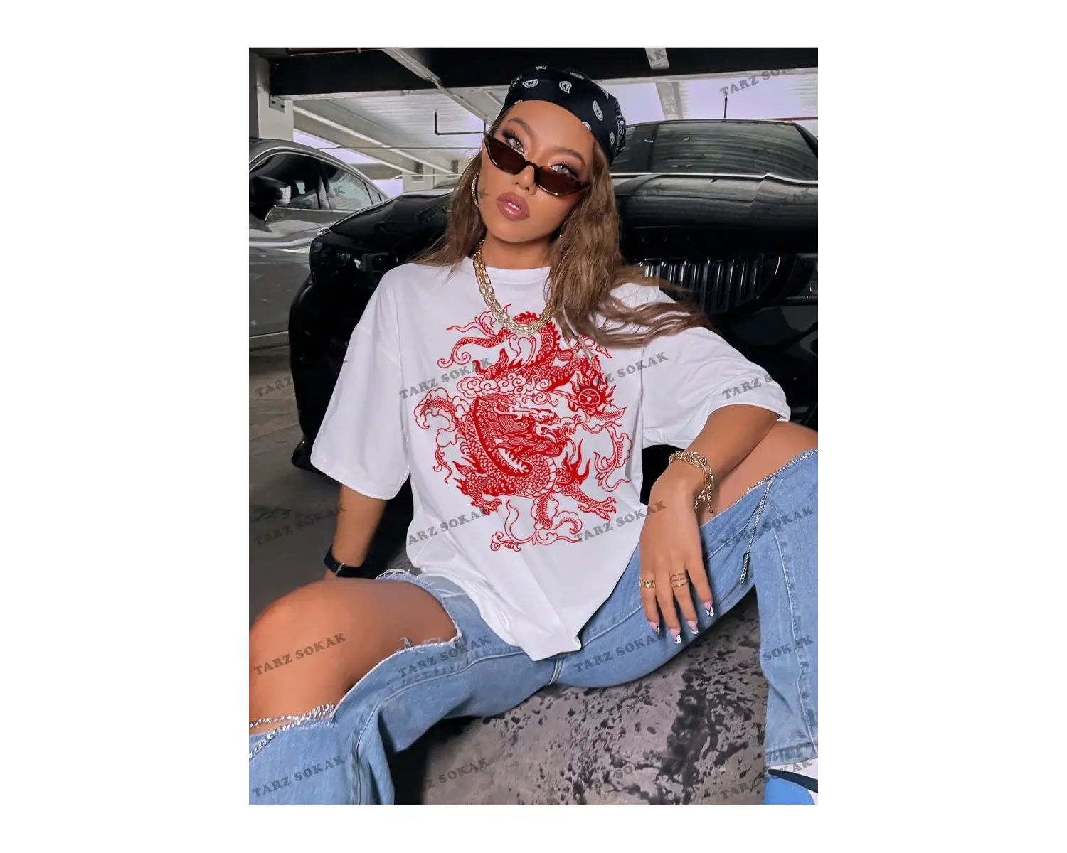 Unisex BAY  Ejderha Baskılı Düşük Omuz Kısa Kollu Tişört KOD-1349