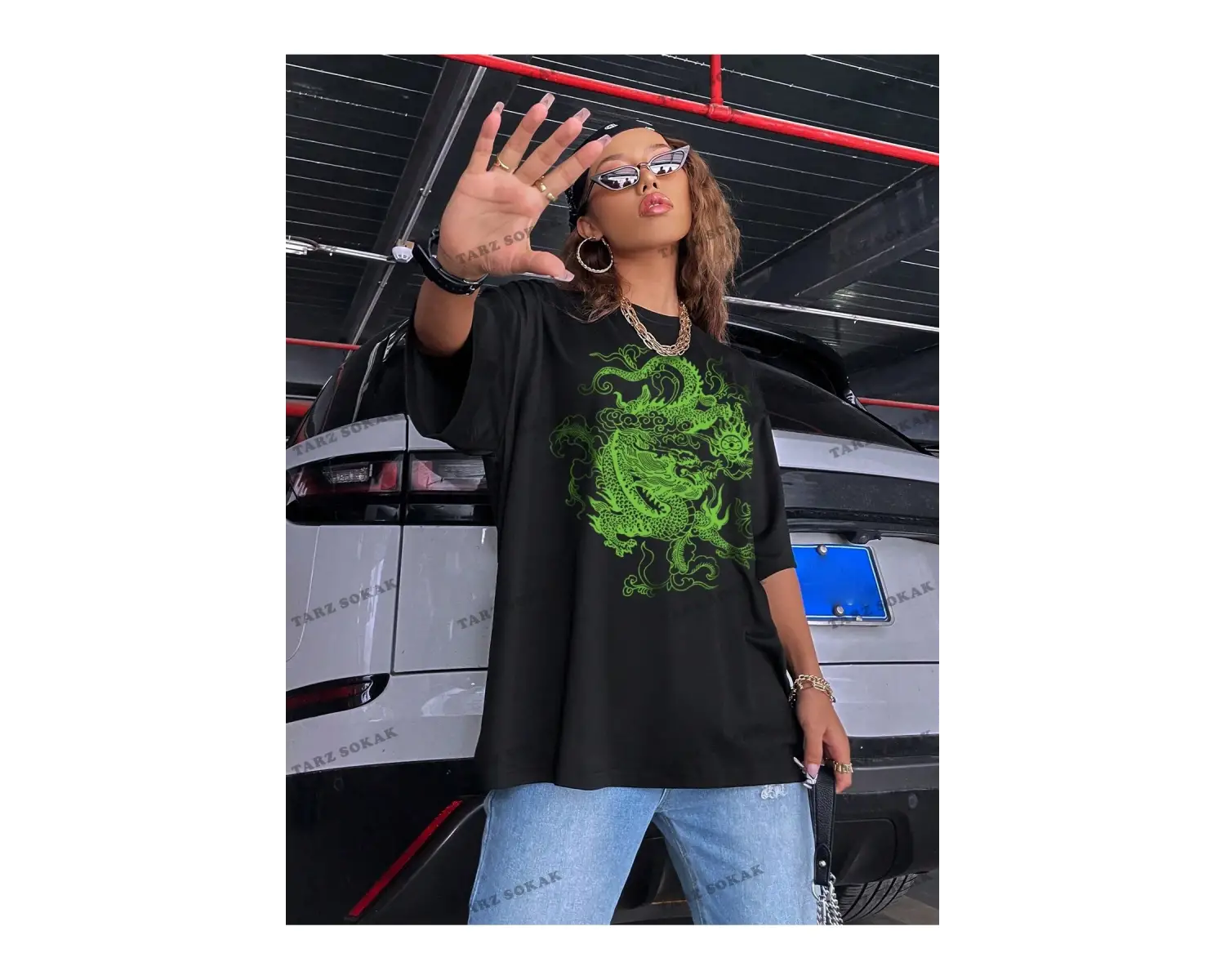 Unisex BAY  Ejderha Baskılı Düşük Omuz Kısa Kollu Tişört KOD-1349