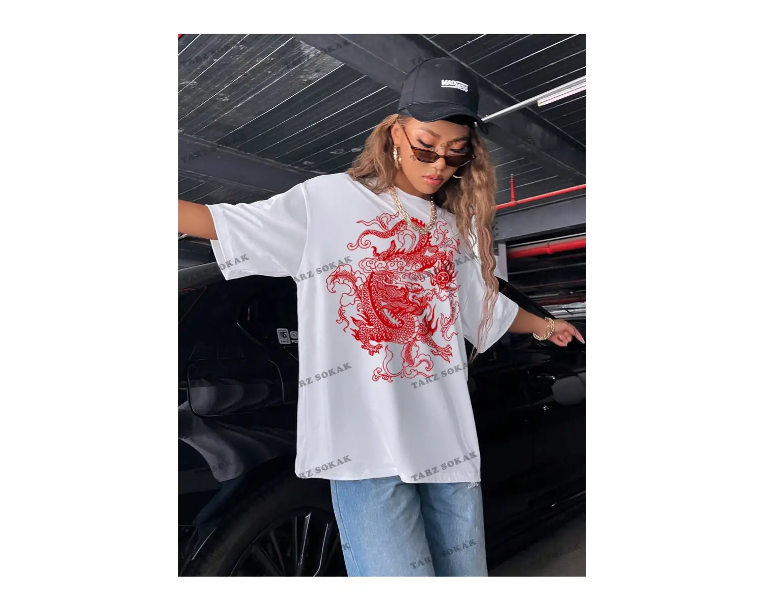 Unisex BAY  Ejderha Baskılı Düşük Omuz Kısa Kollu Tişört KOD-1349