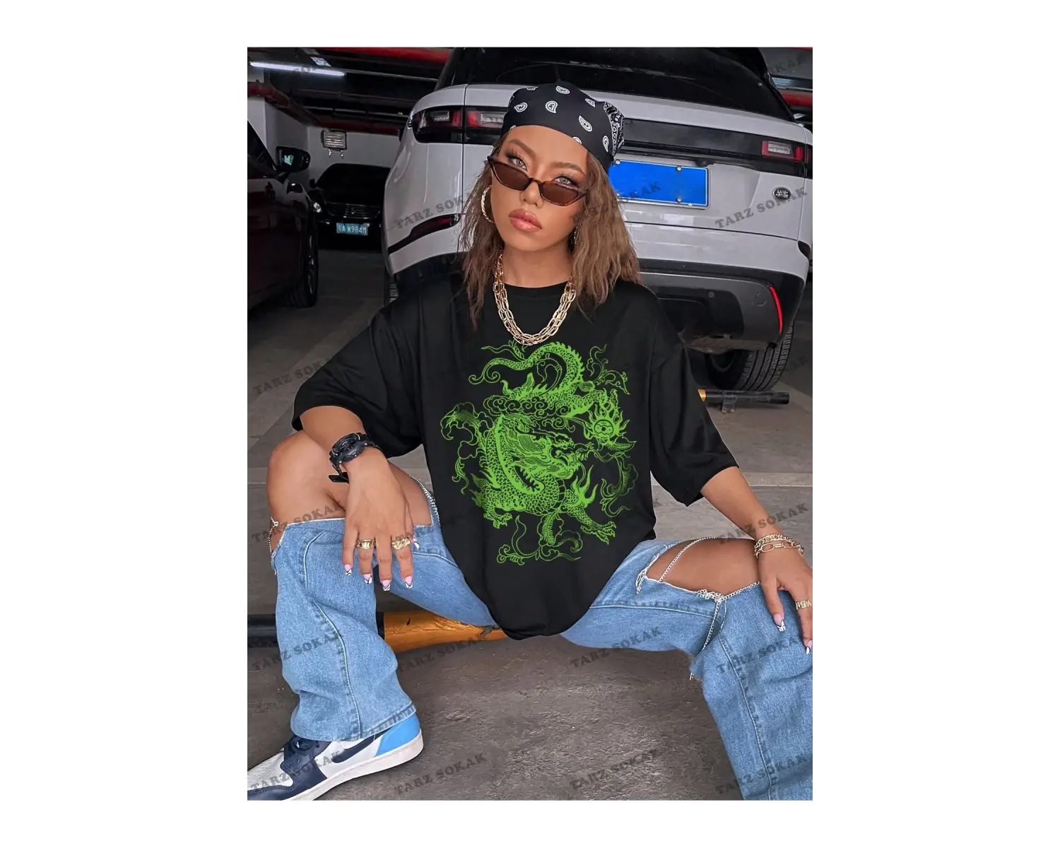 Unisex BAY  Ejderha Baskılı Düşük Omuz Kısa Kollu Tişört KOD-1349