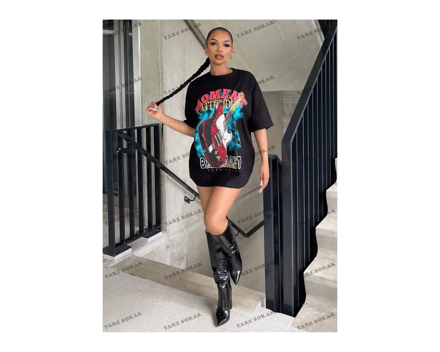 Unisex BAY  Gitar ve Harf Grafikli Düşük Omuz Tişört Bol Tişört Erkek Arkadaşı Stili  KOD-1312