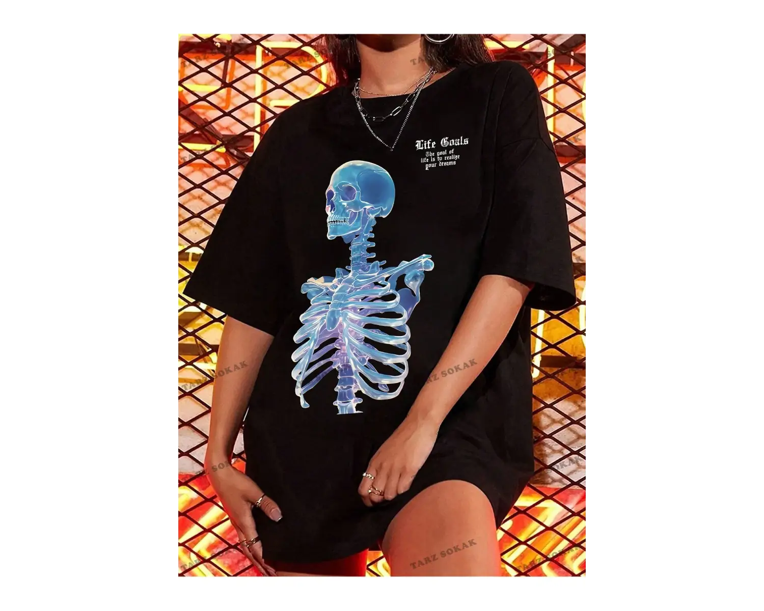 Unisex BAY  Goth Kadın Kafatası Desenli Damla Omuz T-shirt KOD-1368