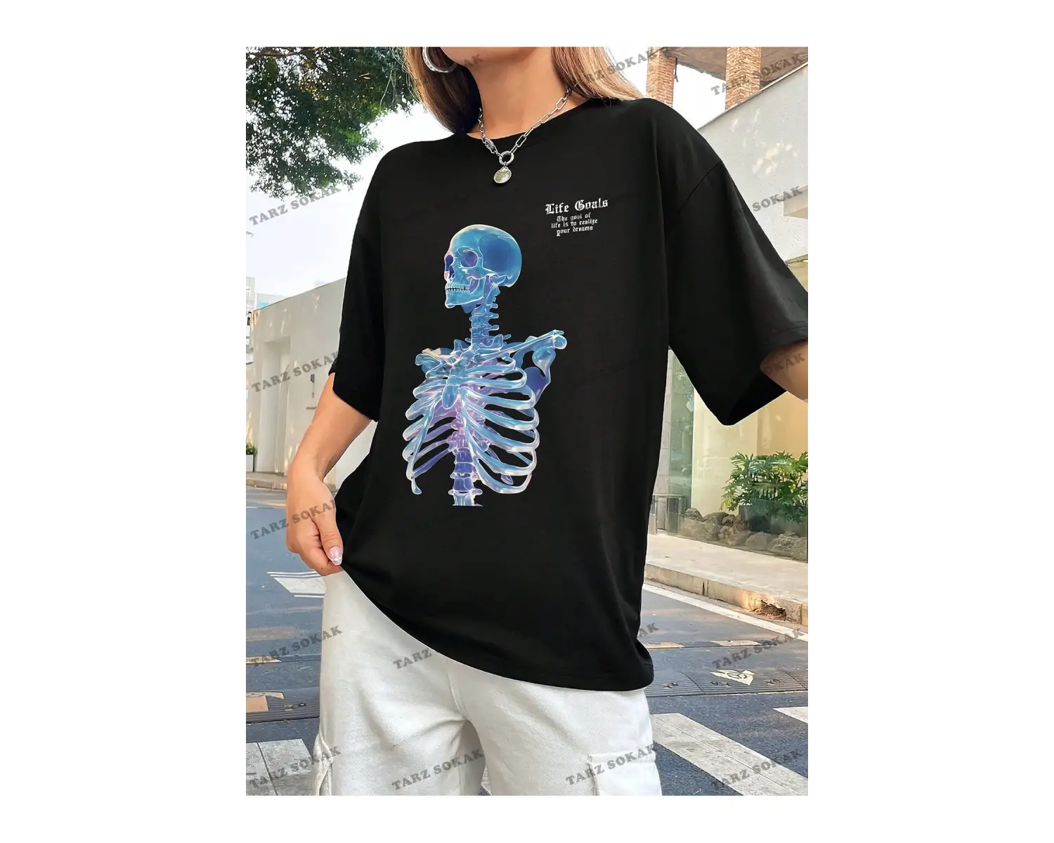 Unisex BAY  Goth Kadın Kafatası Desenli Damla Omuz T-shirt KOD-1368