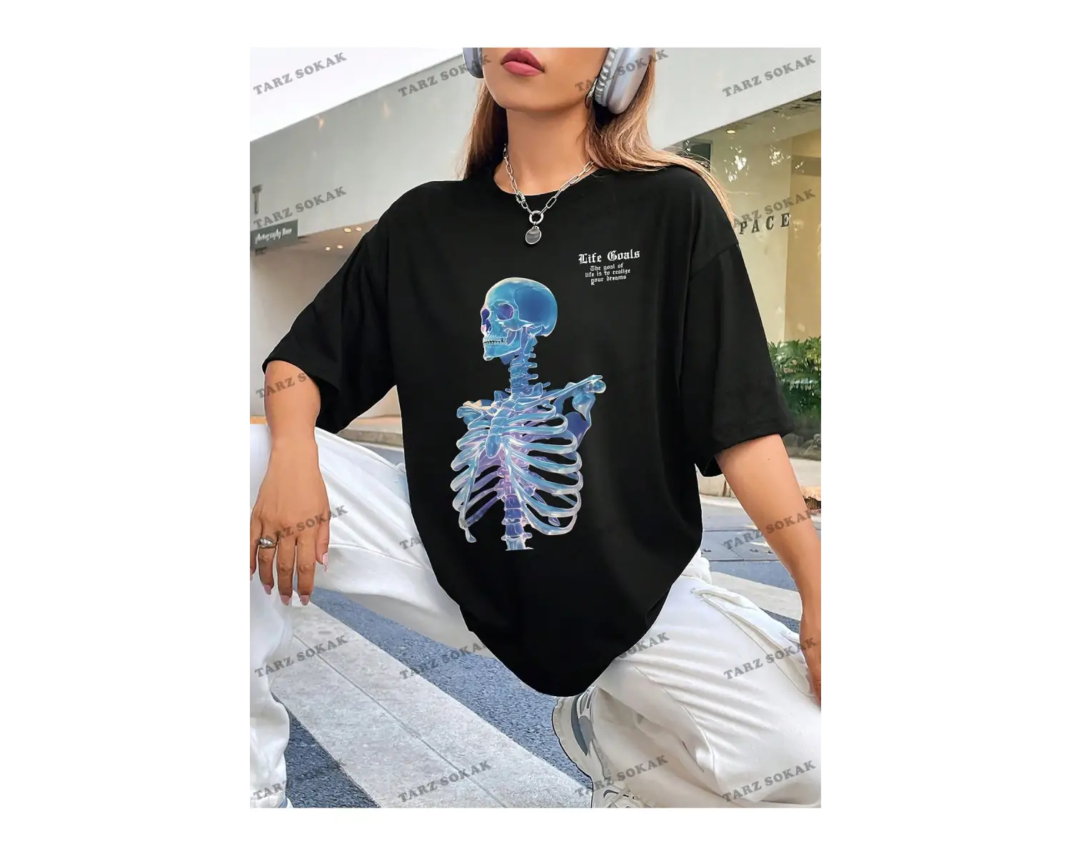 Unisex BAY  Goth Kadın Kafatası Desenli Damla Omuz T-shirt KOD-1368