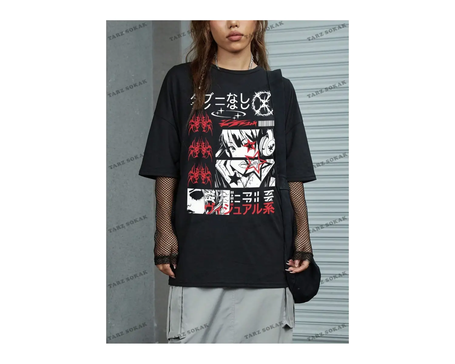 Unisex BAY  Grunge Punk Japon Harf ve Şekil Grafik Damla Omuz Tişört KOD-1344