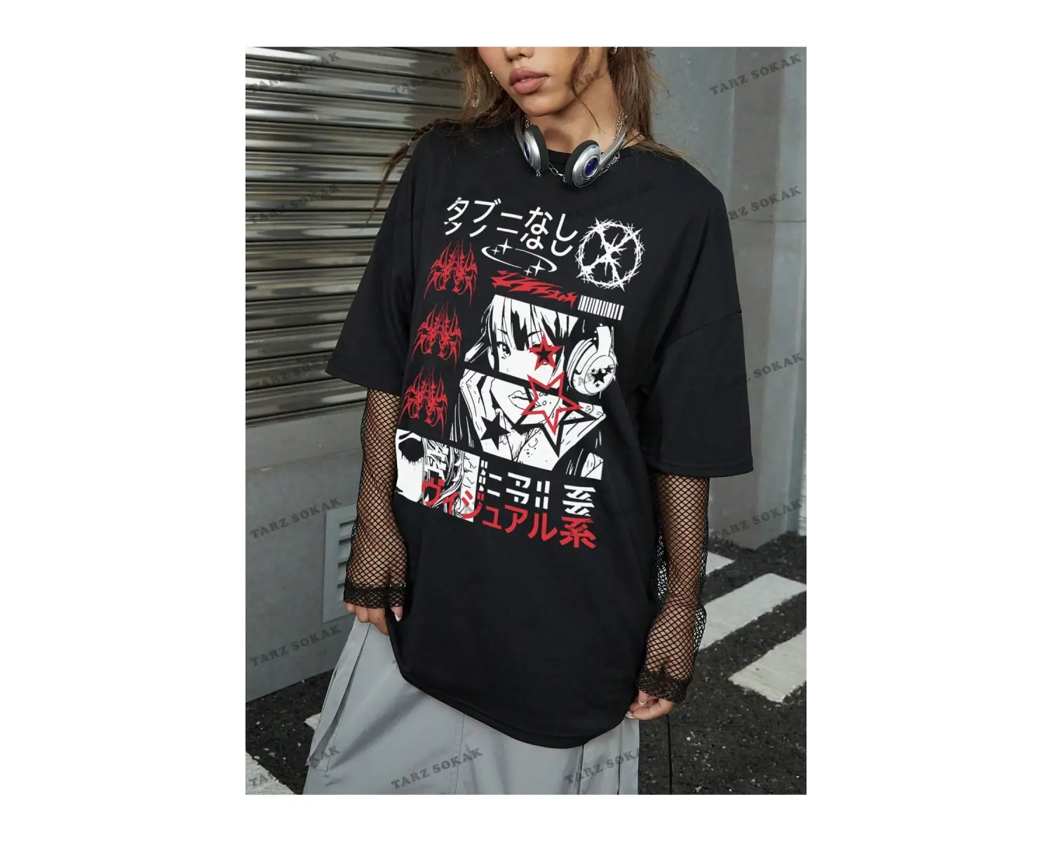 Unisex BAY  Grunge Punk Japon Harf ve Şekil Grafik Damla Omuz Tişört KOD-1344