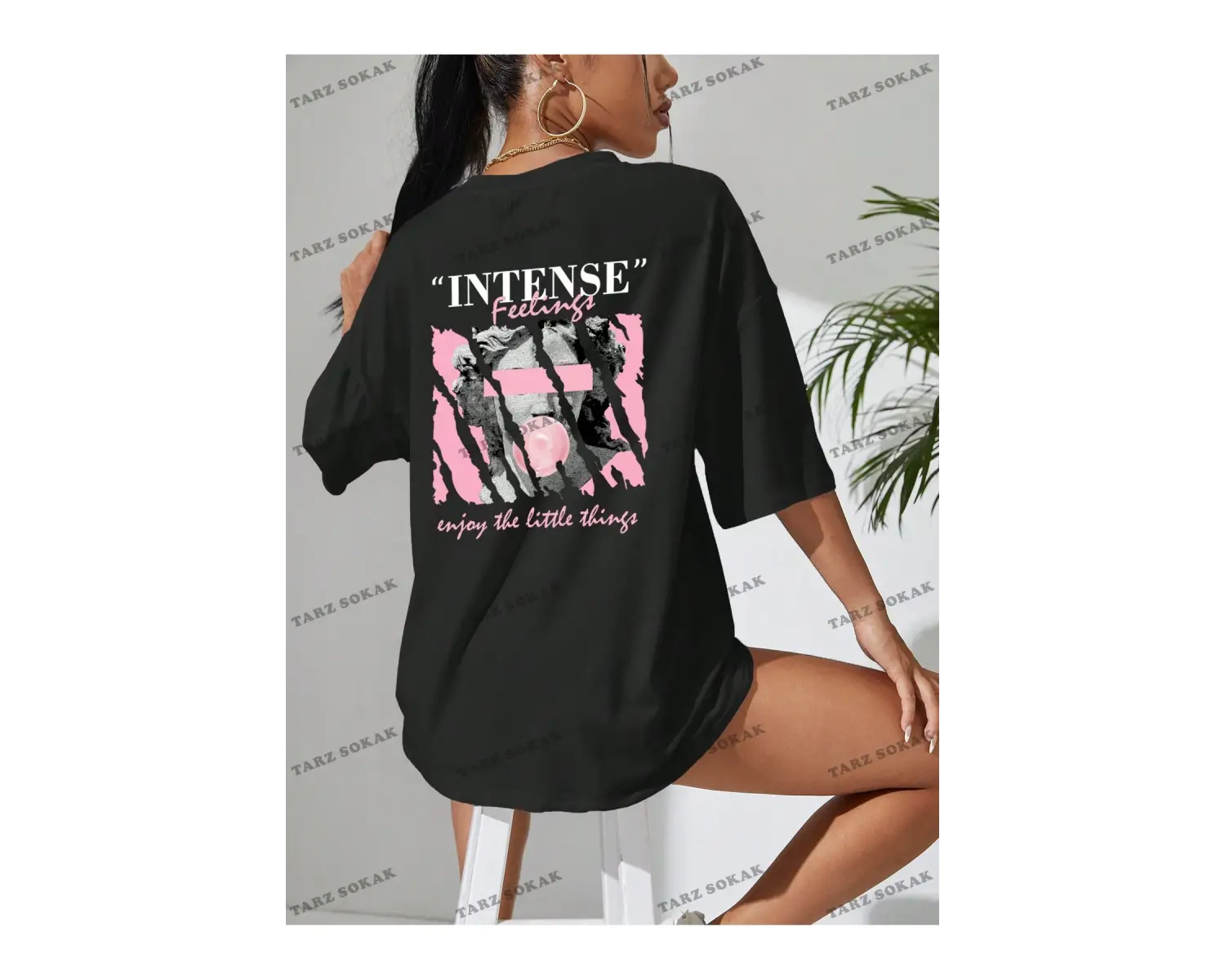 Unisex BAY  Heykel ve Slogan Baskılı Düşük Omuzlu Tişört KOD-1390