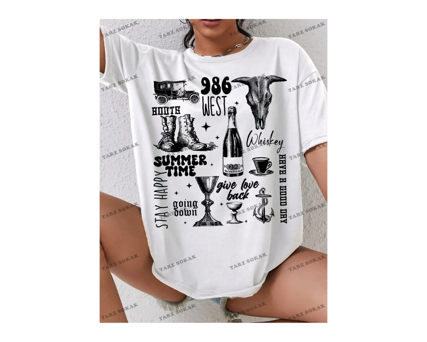 Unisex BAY  Kadın Batı Tarzı Baskılı Kısa Kollu Tişört KOD-1336