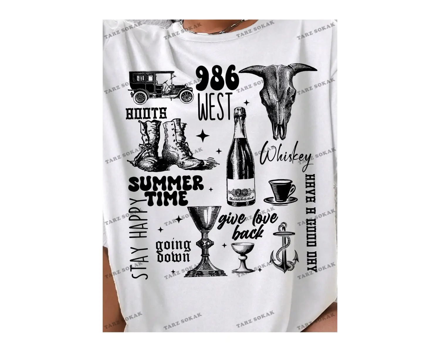 Unisex BAY  Kadın Batı Tarzı Baskılı Kısa Kollu Tişört KOD-1336