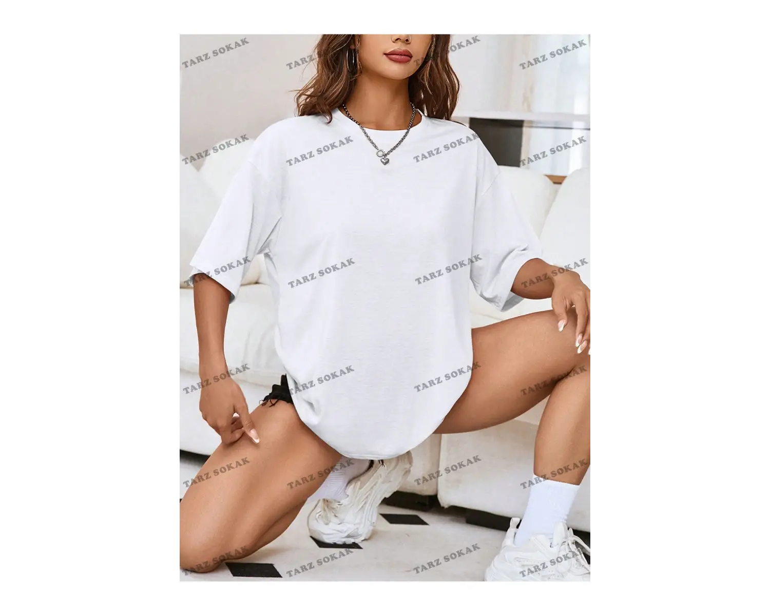 Unisex BAY  Kadın Bol Kesim Karikatür Yüz Desenli Tişört KOD-1359