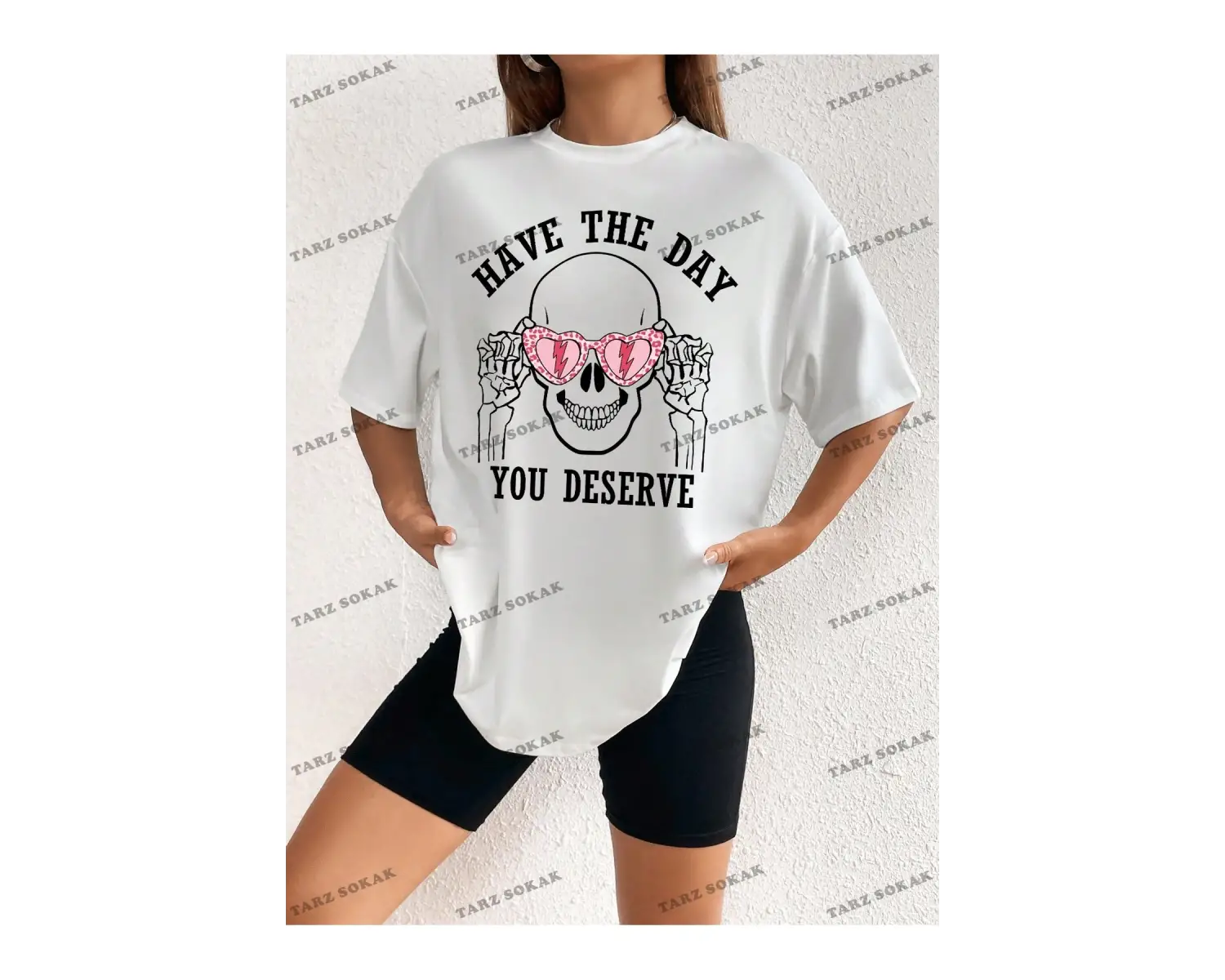 Unisex BAY  Kadın Kafatası ve Slogan Baskılı Düşük Omuz Tişört KOD-1381