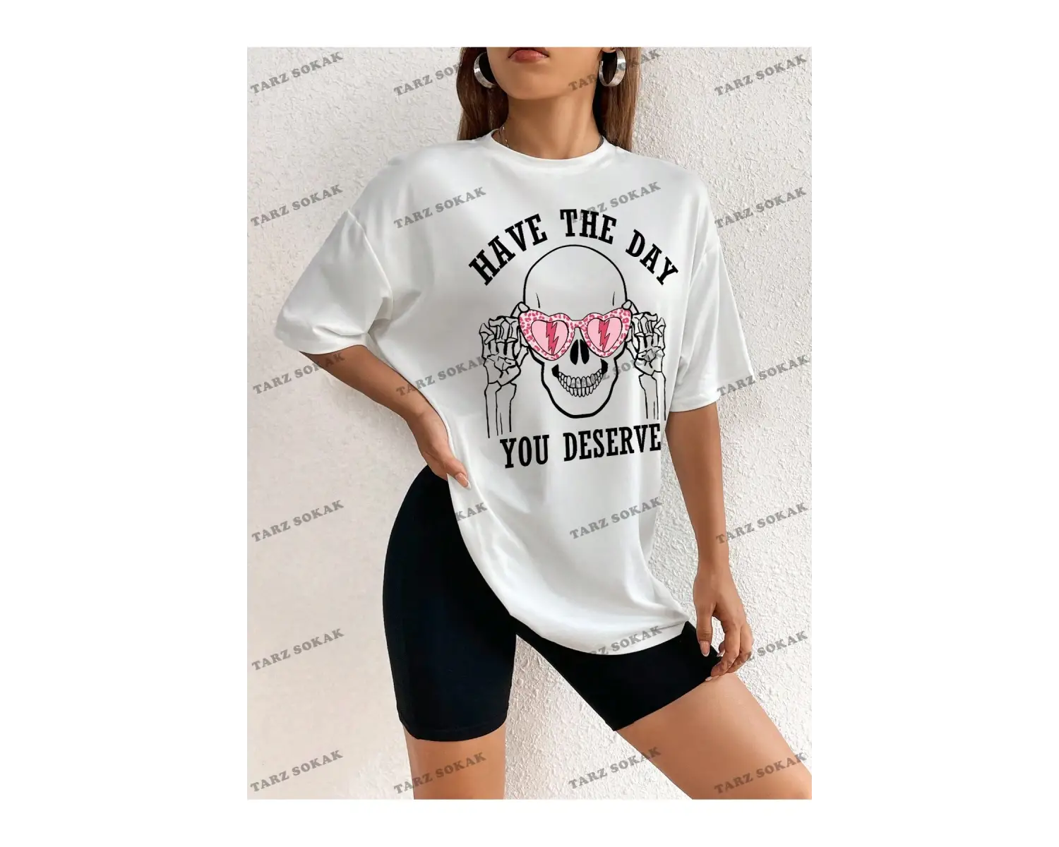 Unisex BAY  Kadın Kafatası ve Slogan Baskılı Düşük Omuz Tişört KOD-1381