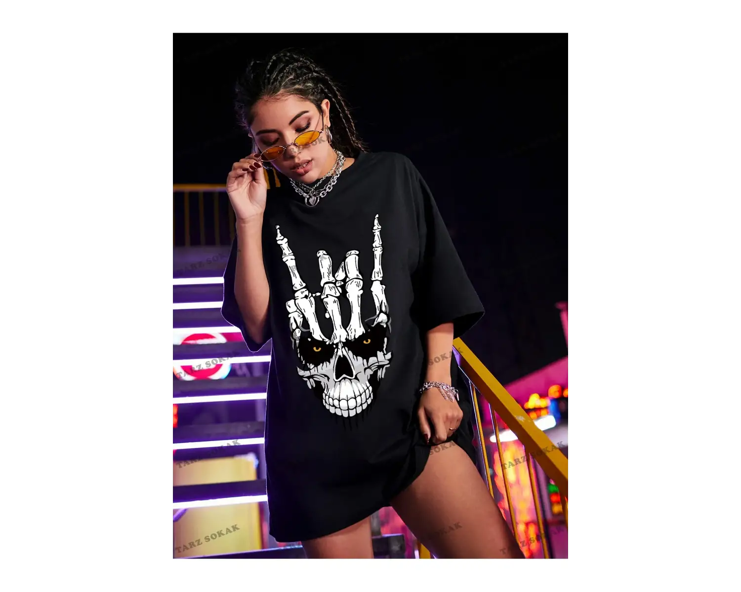 Unisex BAY  Kafatası Baskılı Düşük Omuzlu Büyük Boy Tişört KOD-1329