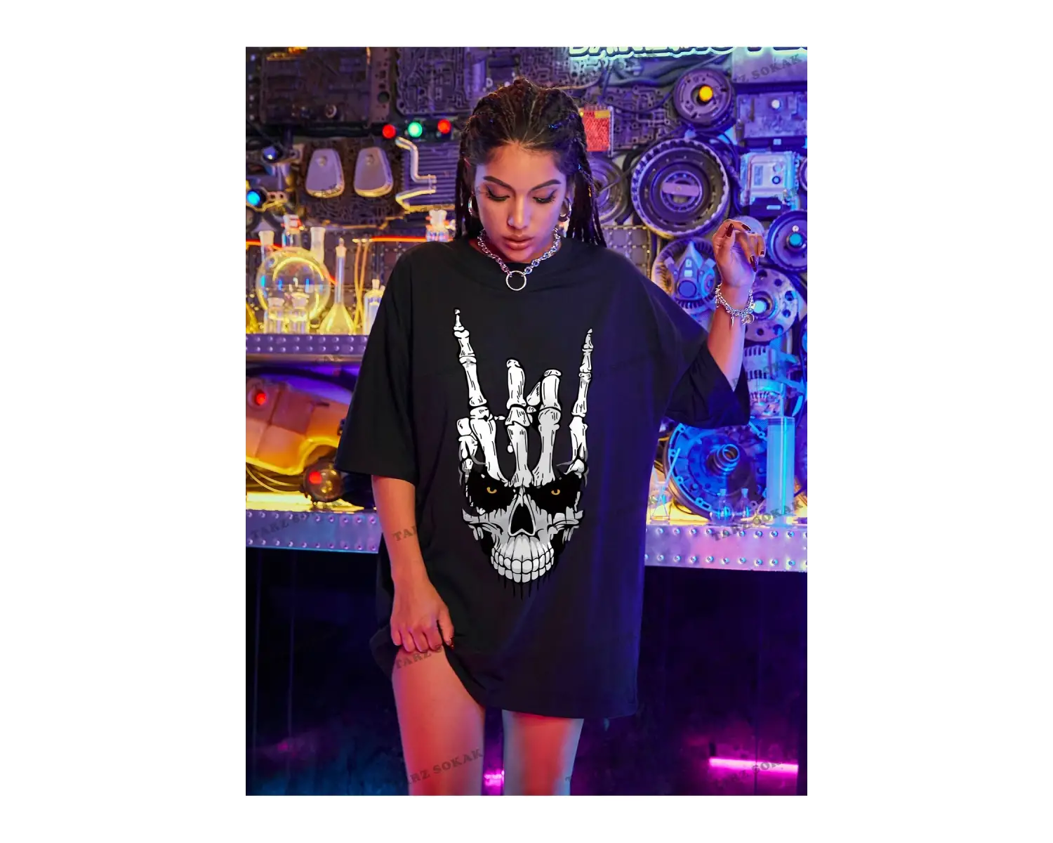 Unisex BAY  Kafatası Baskılı Düşük Omuzlu Büyük Boy Tişört KOD-1329