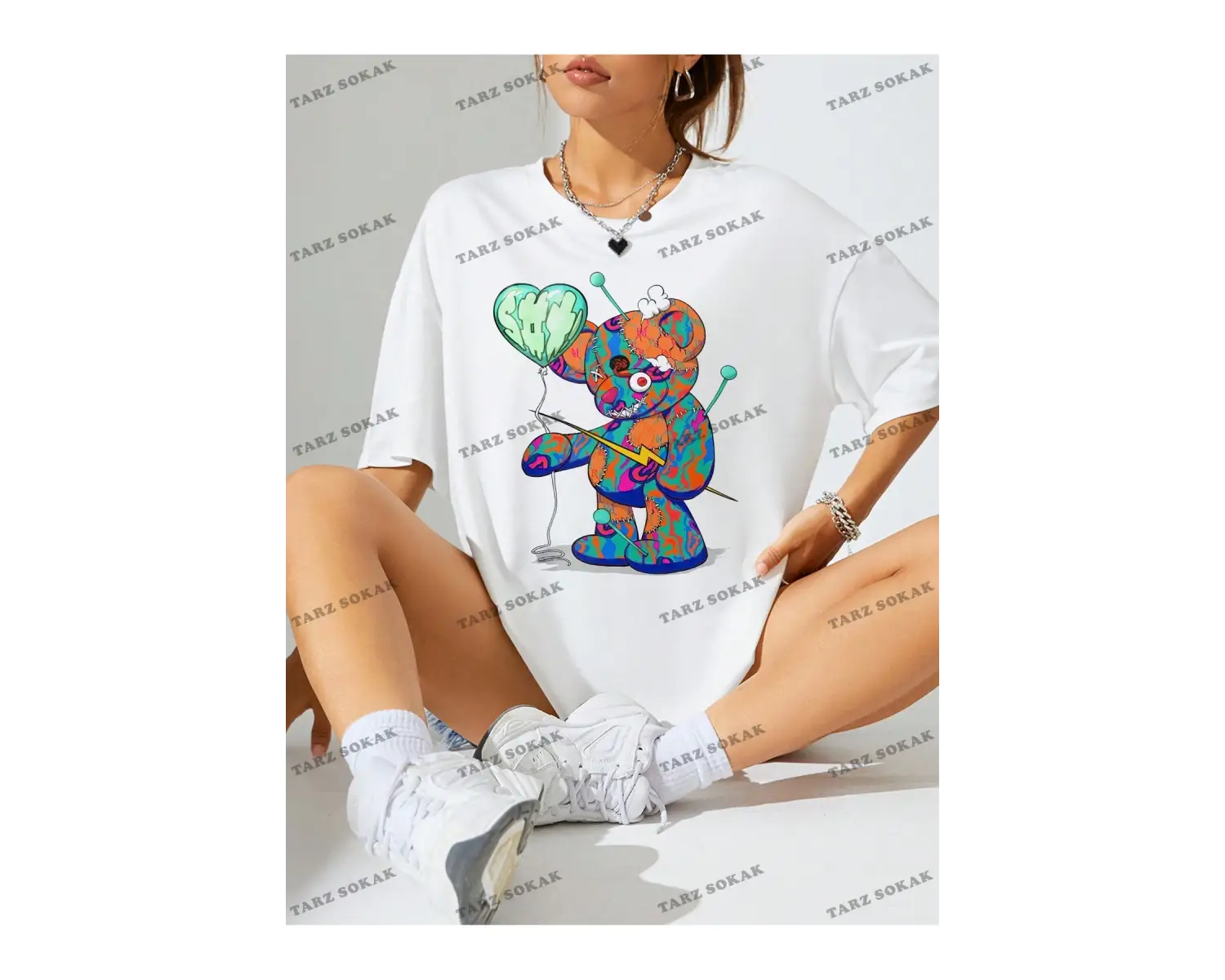 Unisex BAY  Karikatür Ayı Baskı Damla Omuz Büyük Boy Tişört KOD-1375