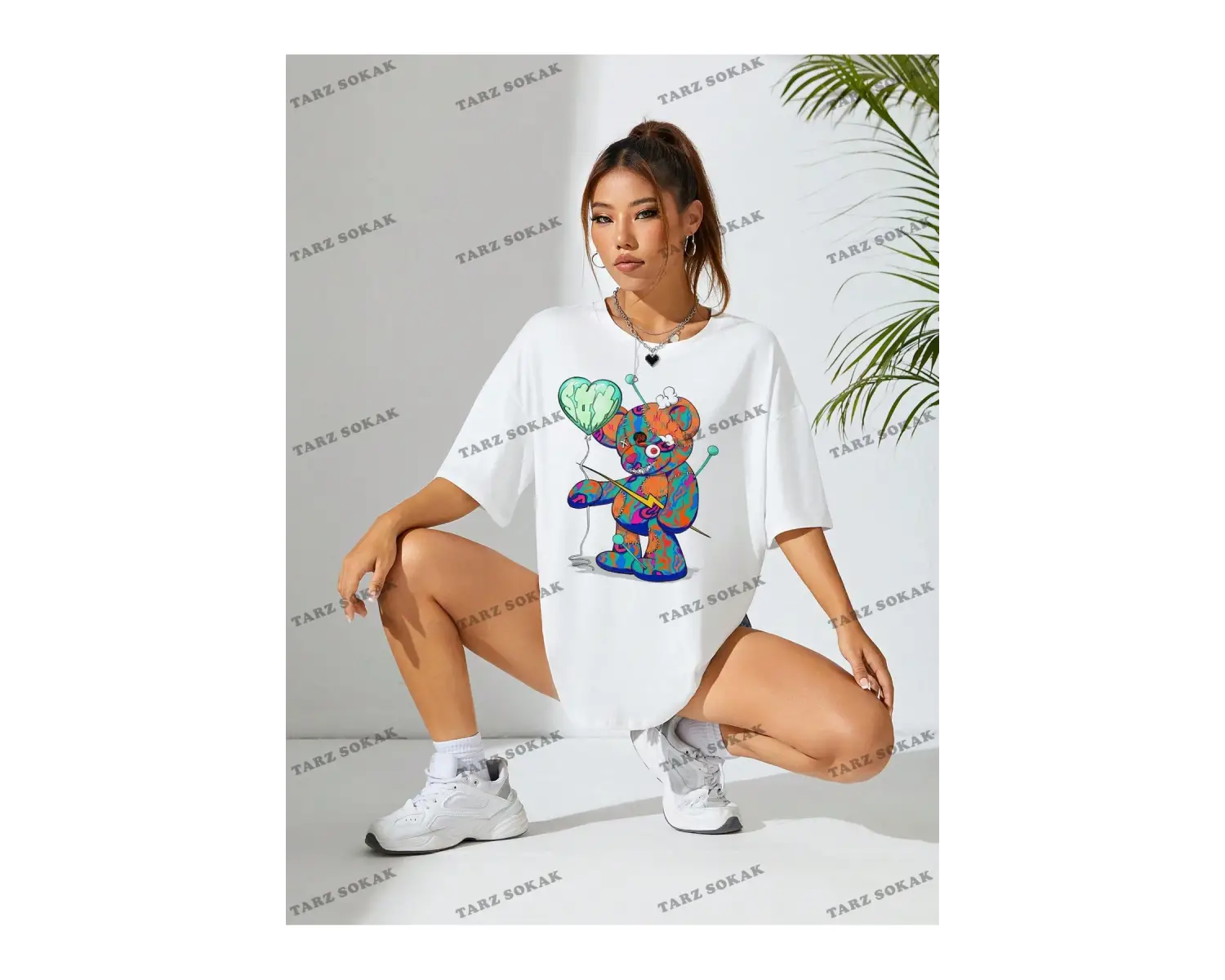 Unisex BAY  Karikatür Ayı Baskı Damla Omuz Büyük Boy Tişört KOD-1375