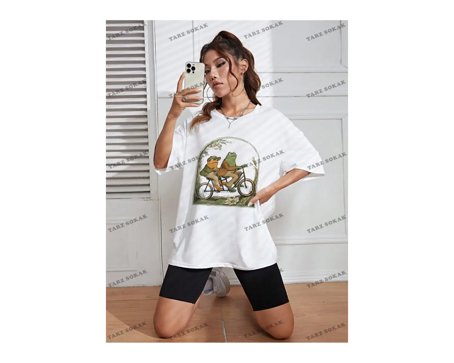 Unisex BAY  Kurbağa Desenli Düşük Omuzlu Tişört KOD-1364