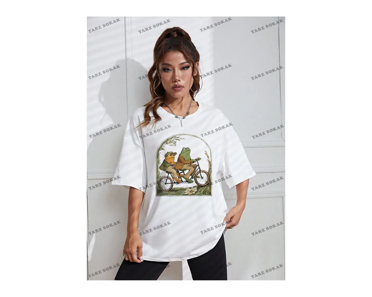 Unisex BAY  Kurbağa Desenli Düşük Omuzlu Tişört KOD-1364