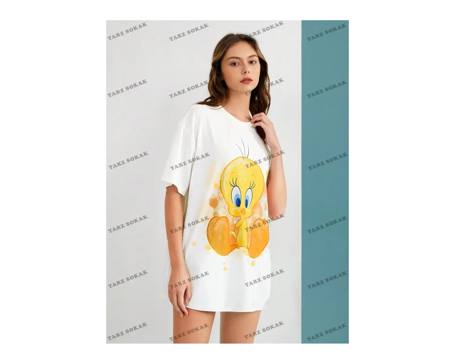 Unisex BAY  LOONEY TUNES X Karikatür Grafik Düşük Omuz Büyük Boy Tişört KOD-1319
