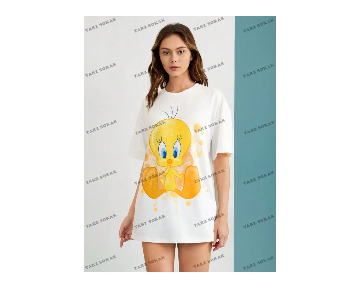 Unisex BAY  LOONEY TUNES X Karikatür Grafik Düşük Omuz Büyük Boy Tişört KOD-1319