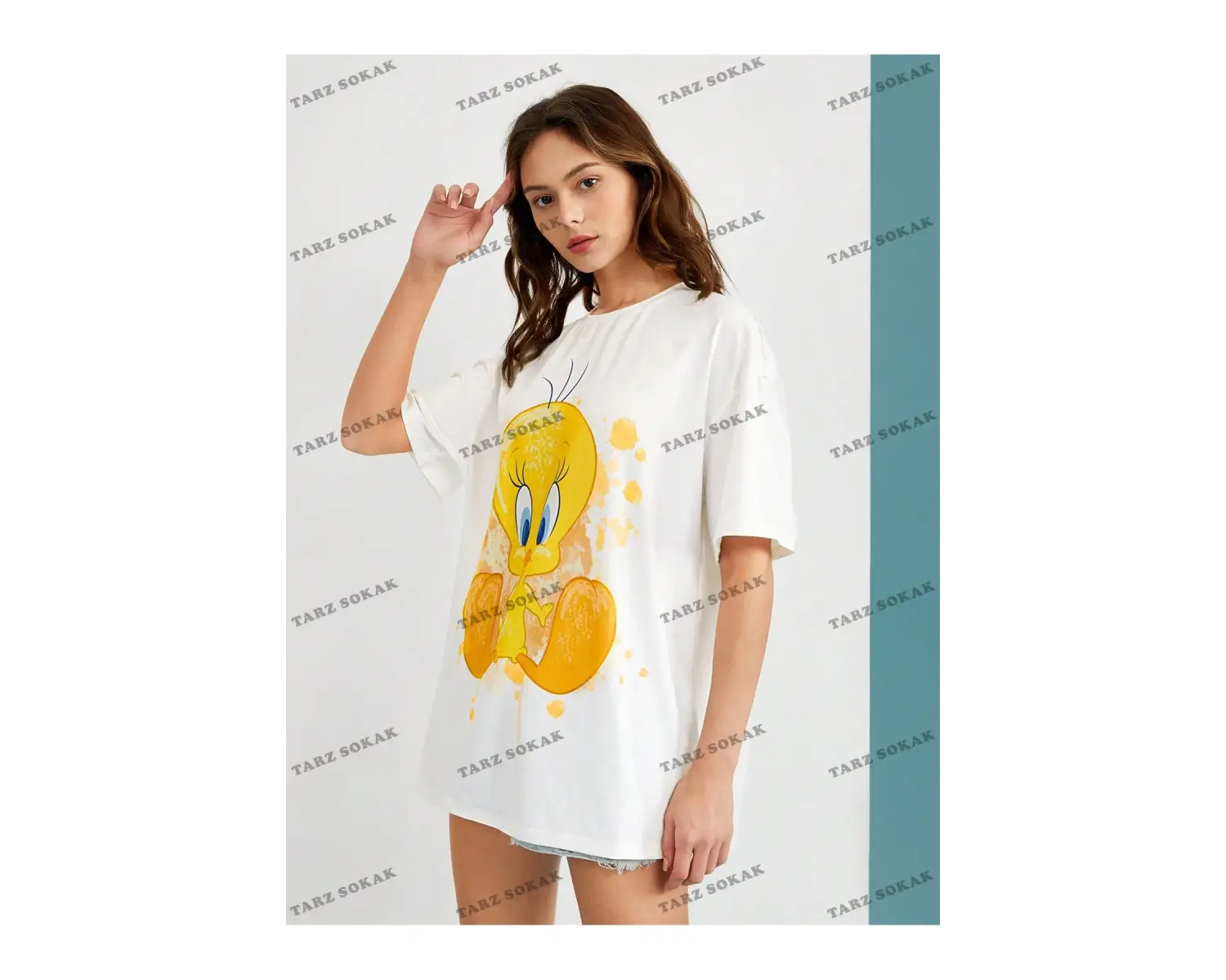 Unisex BAY  LOONEY TUNES X Karikatür Grafik Düşük Omuz Büyük Boy Tişört KOD-1319