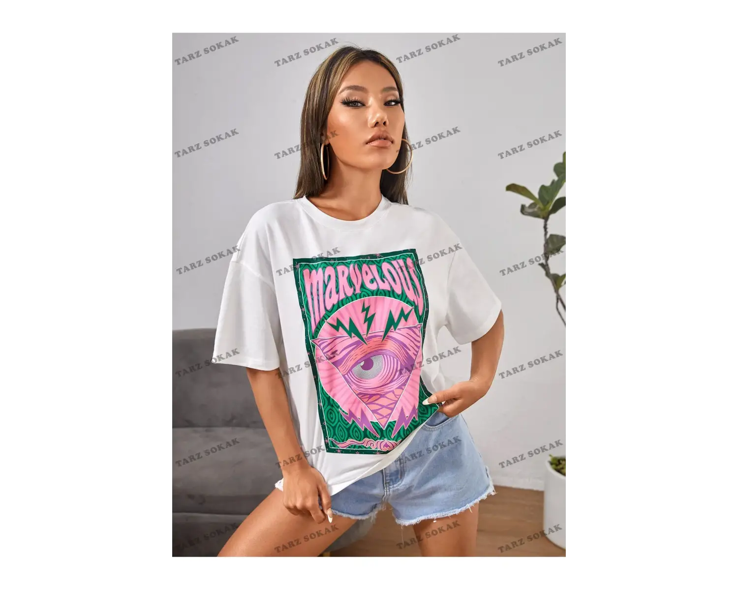 Unisex BAY  PETITE Göz ve Harf Grafik Damla Omuz Yazlık Giysiler Tişört KOD-1314