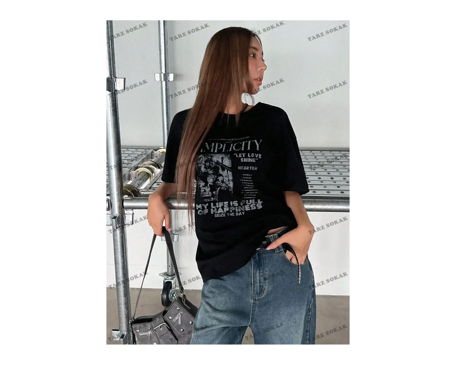 Unisex BAY  Sloganlı Grafik Düşük Omuz Tişört KOD-1378