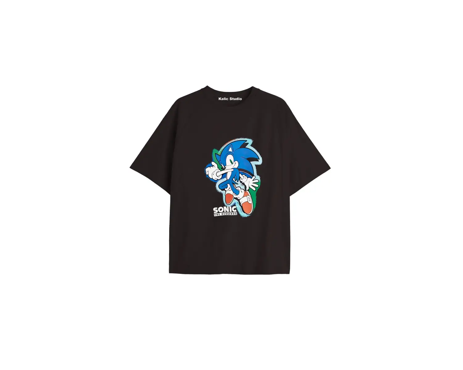 UNİSEX Bay Sonic Desenli Siyah Yazlık T-shirt