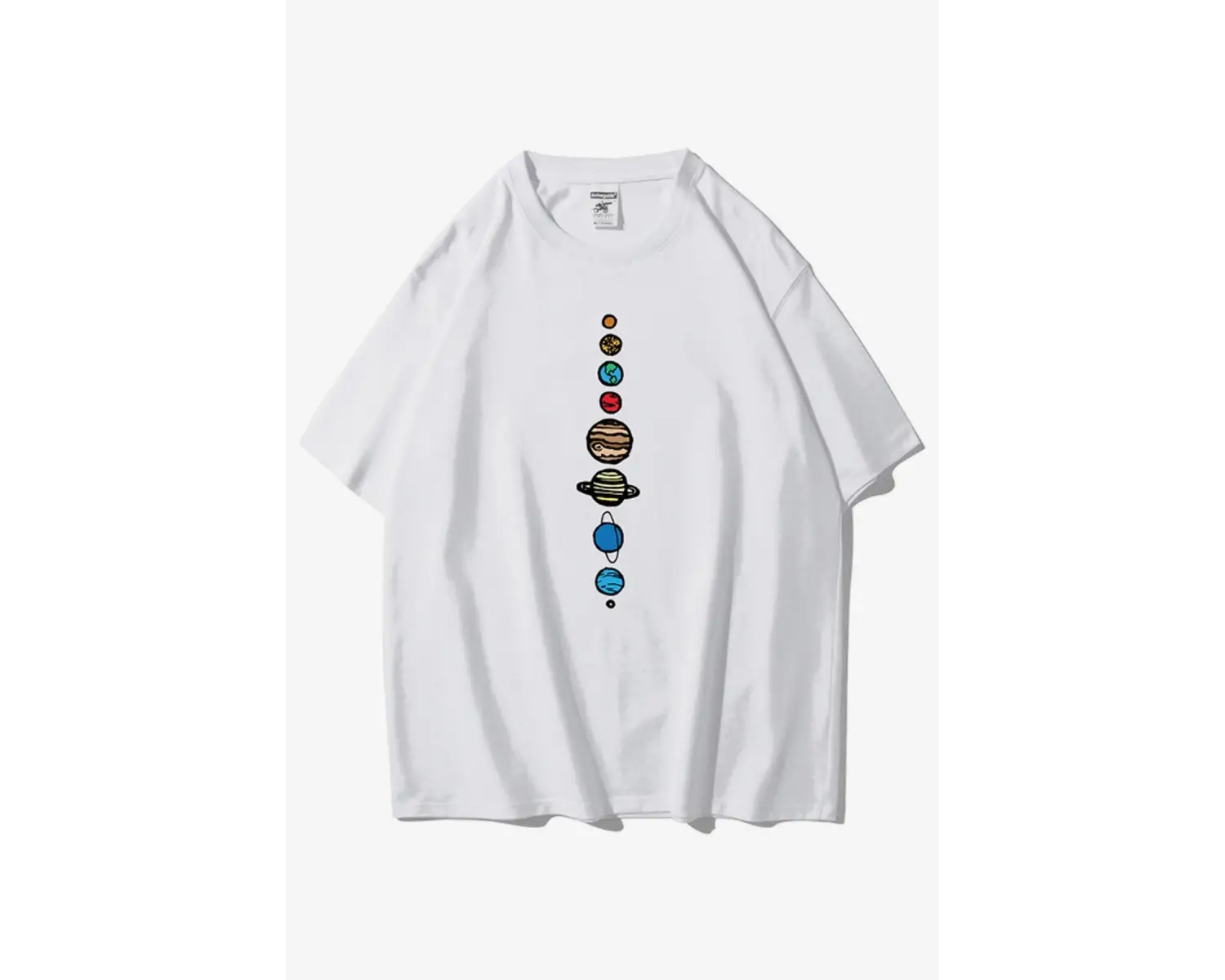 Unisex Beyaz 9 Gezegen Baskılı Oversize Bisiklet Yaka Tshirt
