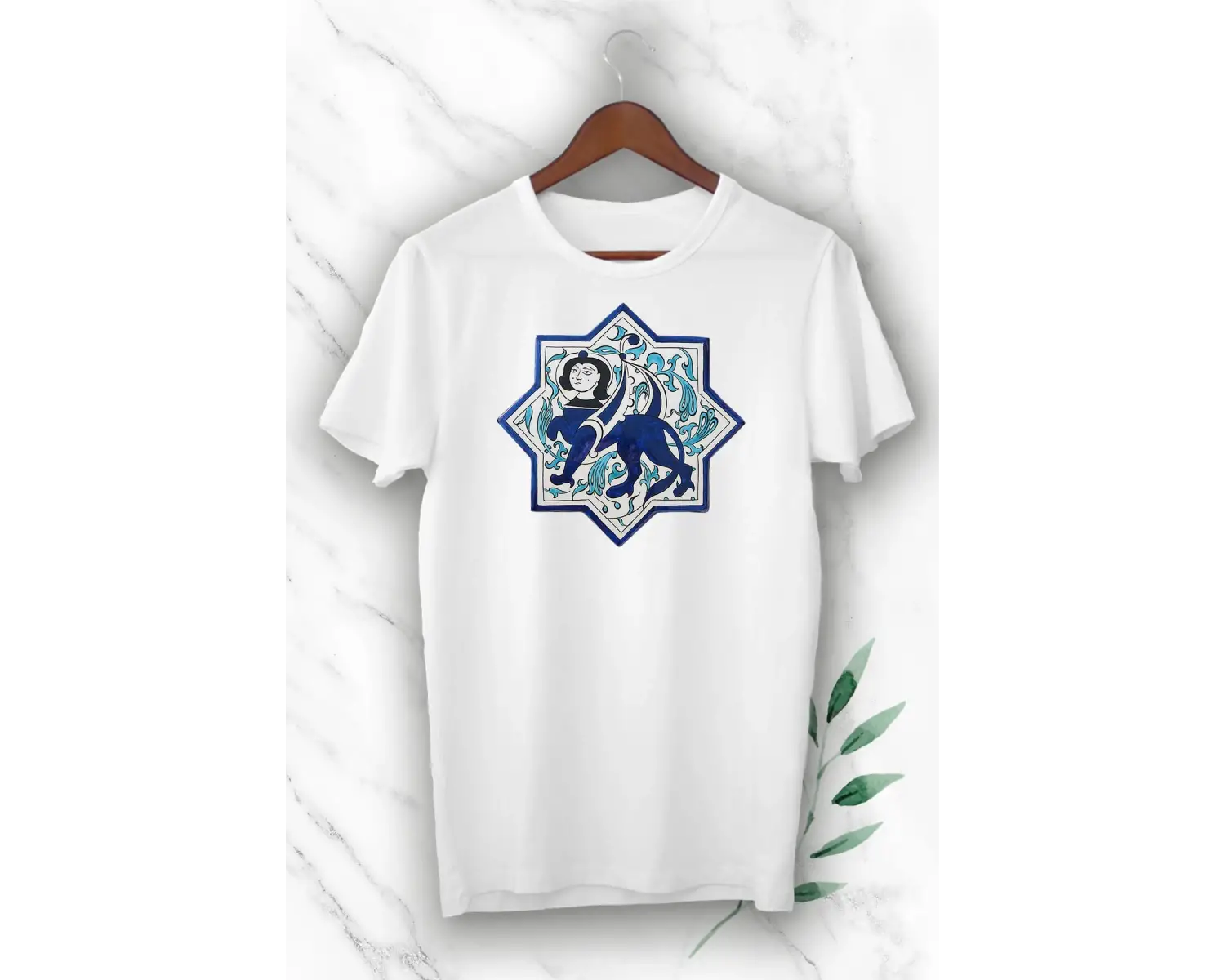 Unisex Beyaz Anadolu Selçuklu Aslan Başlı İnsan Figürü Baskılı T-shirt