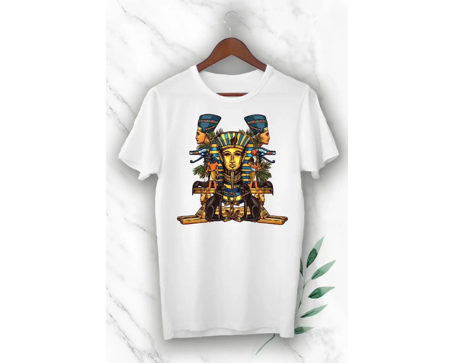 Unısex Beyaz Antik Mısır Egypt Firavun Baskılı  Tişört