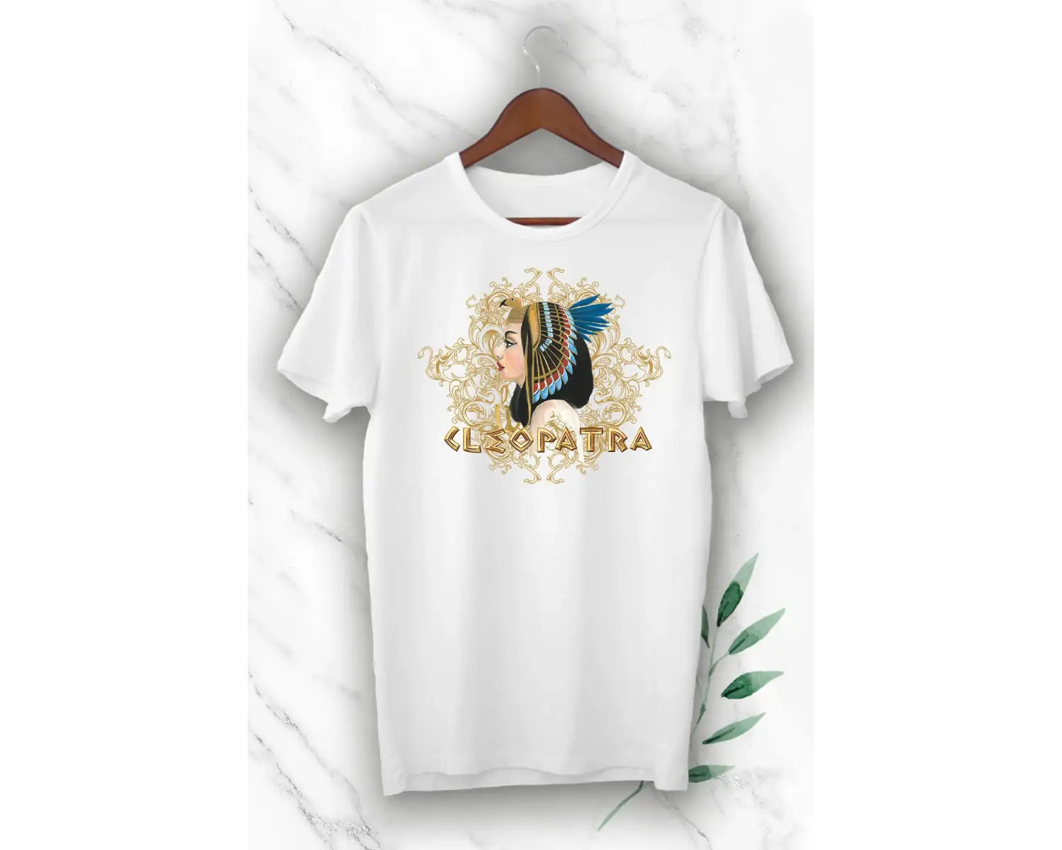 Unisex Beyaz Antik Mısır Kleopatra Baskılı T-shirt