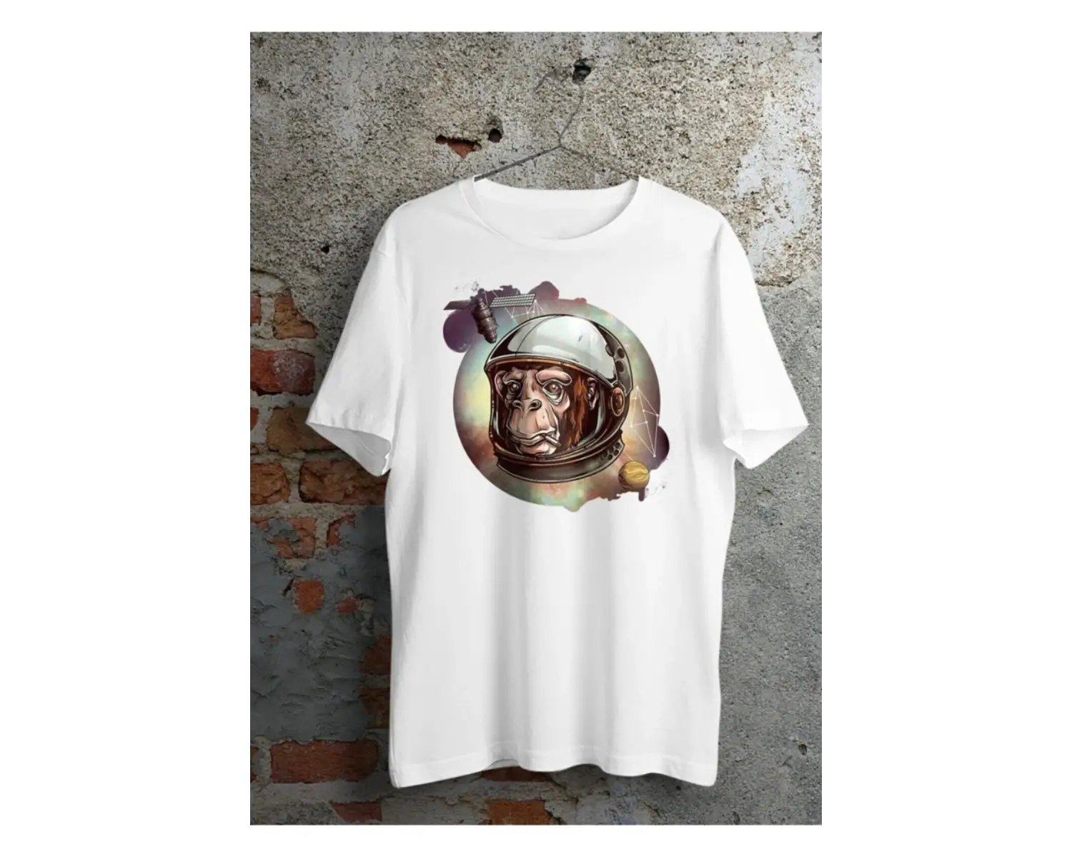 Unisex Beyaz Astronot Maymun Baskılı Oversize Bisiklet Yaka Tişört