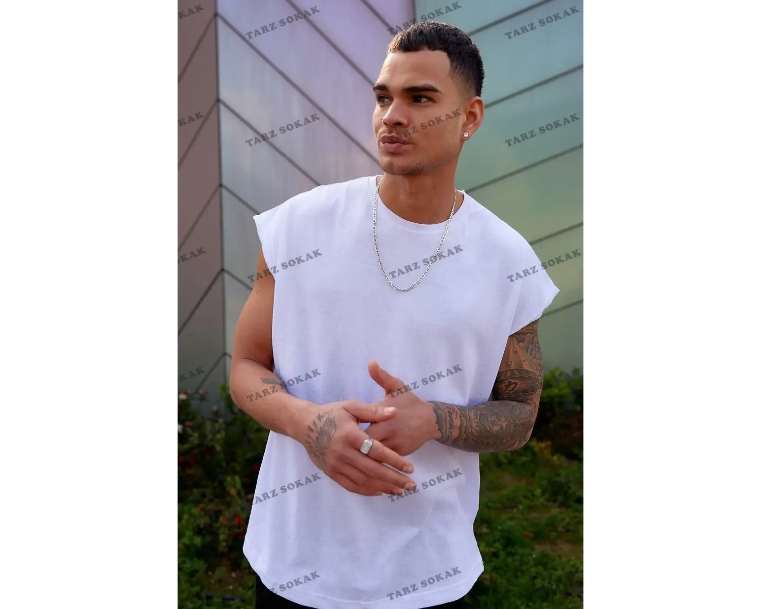 Unisex Beyaz Basketçi Sıfır Kol Bisiklet Yaka Oversize Salaş Basic Kolsuz