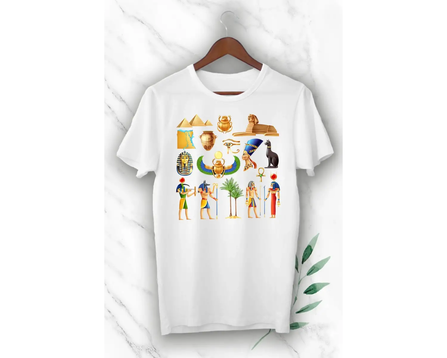 Unısex Beyaz Mitoloji Antik Mısır Baskılı Tişört