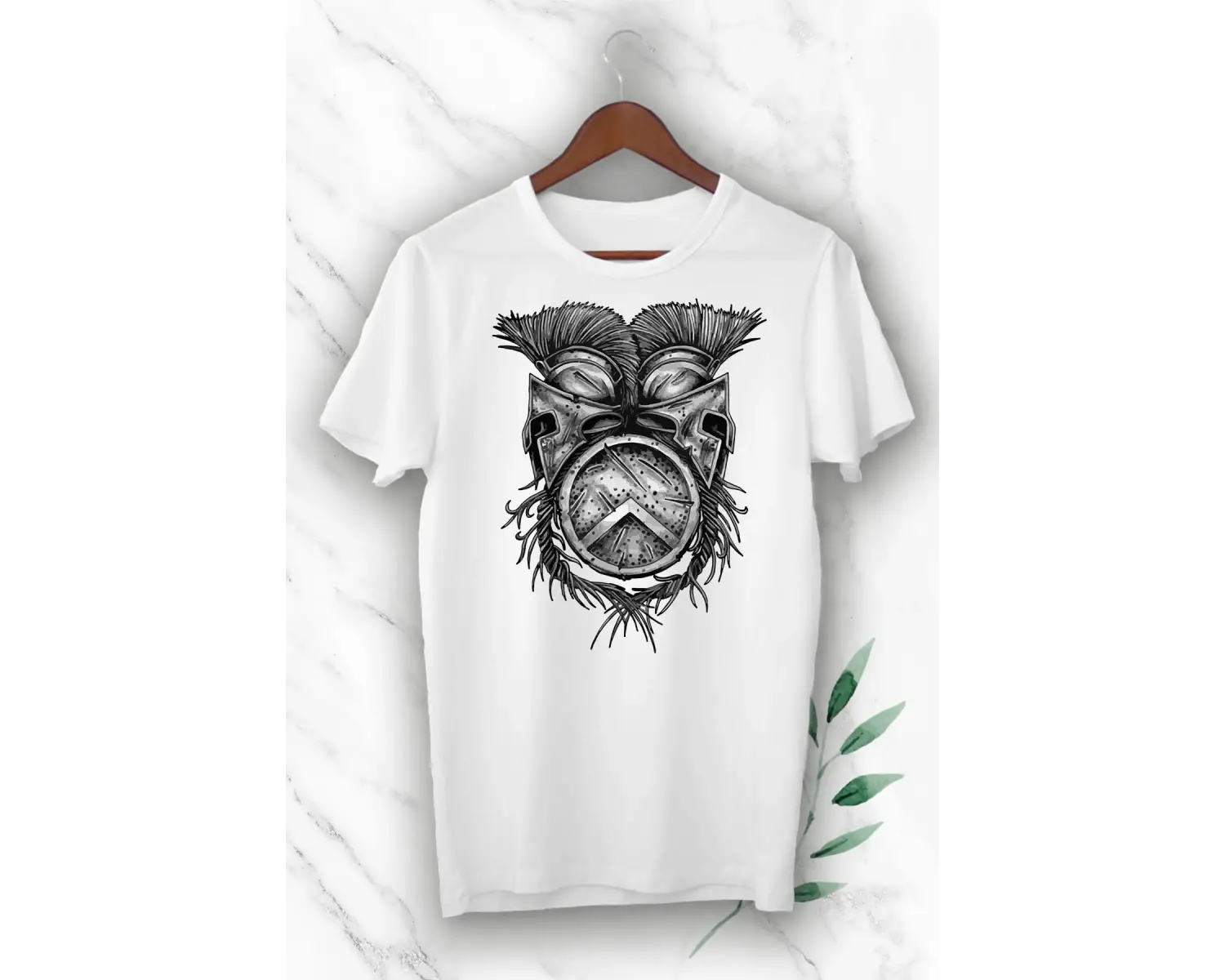 Unisex Beyaz Mitoloji Gladyatör Miğfer Baskılı Tişört