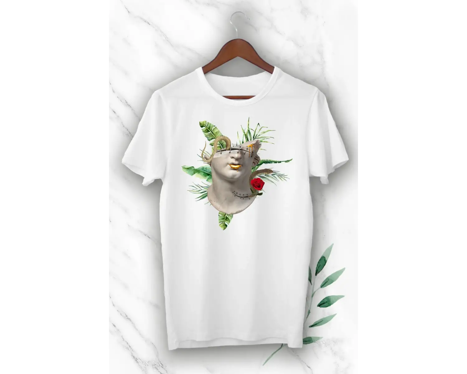 Unisex Beyaz Mitoloji Heykel Baskılı Tişört