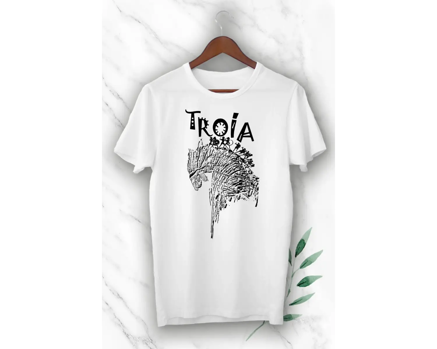 Unısex Beyaz Mitoloji Truva Atı Baskılı T-Shirt