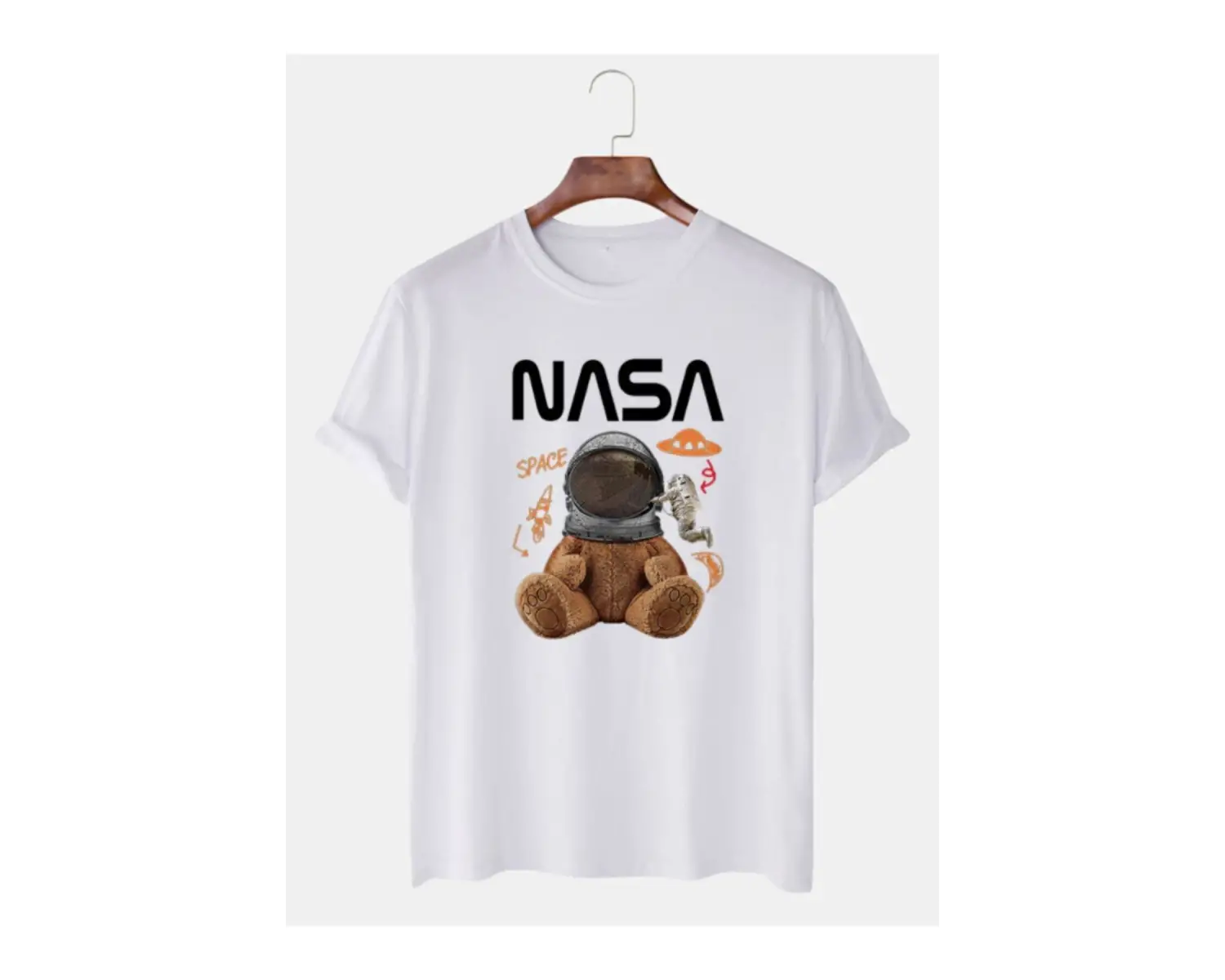 Unisex Beyaz Nasa Uzaylı Ayıcık Baskılı Bisiklet Yaka Oversize Tişört