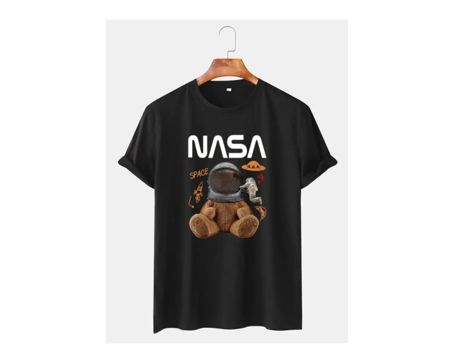 Unisex Beyaz Nasa Uzaylı Ayıcık Baskılı Bisiklet Yaka Oversize Tişört