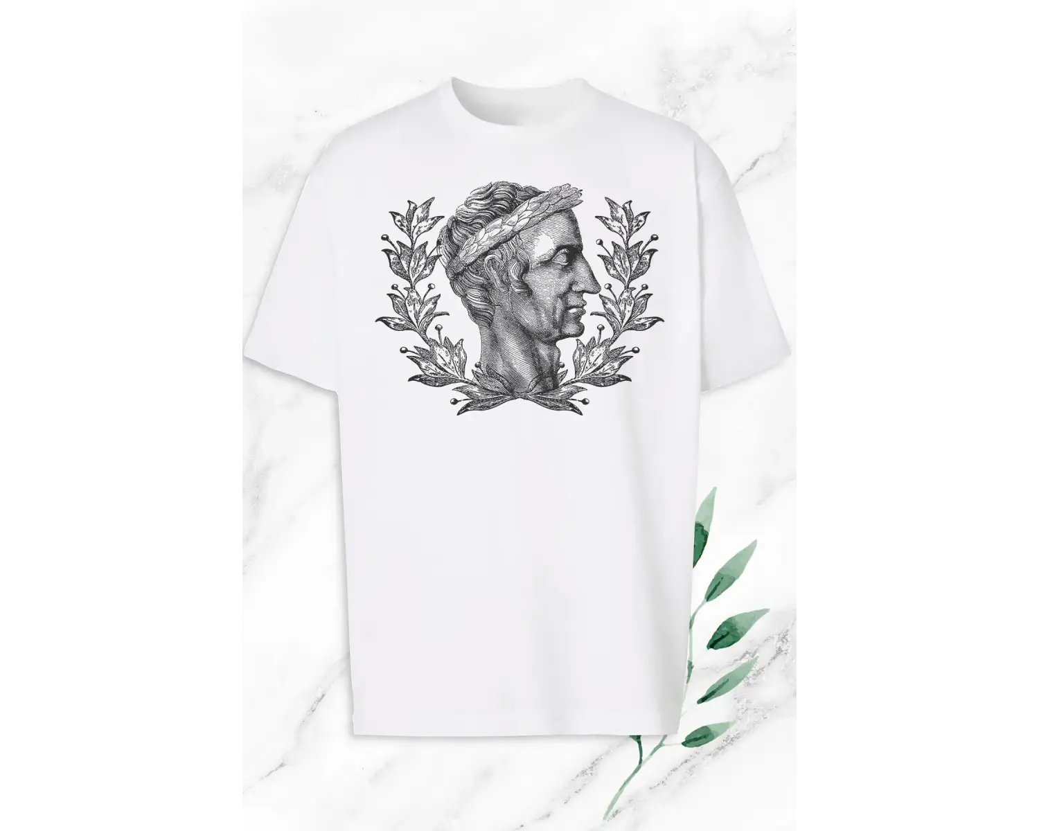 Unisex Beyaz Oversize Mitoloji Jül Sezar Heykel Baskılı Tişört