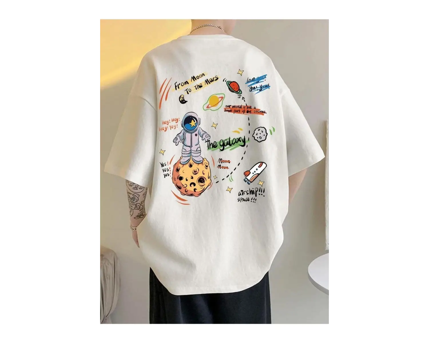 Unisex Beyaz The Galaxy Gezegen Baskılı Oversize Bisiklet Yaka Tshirt