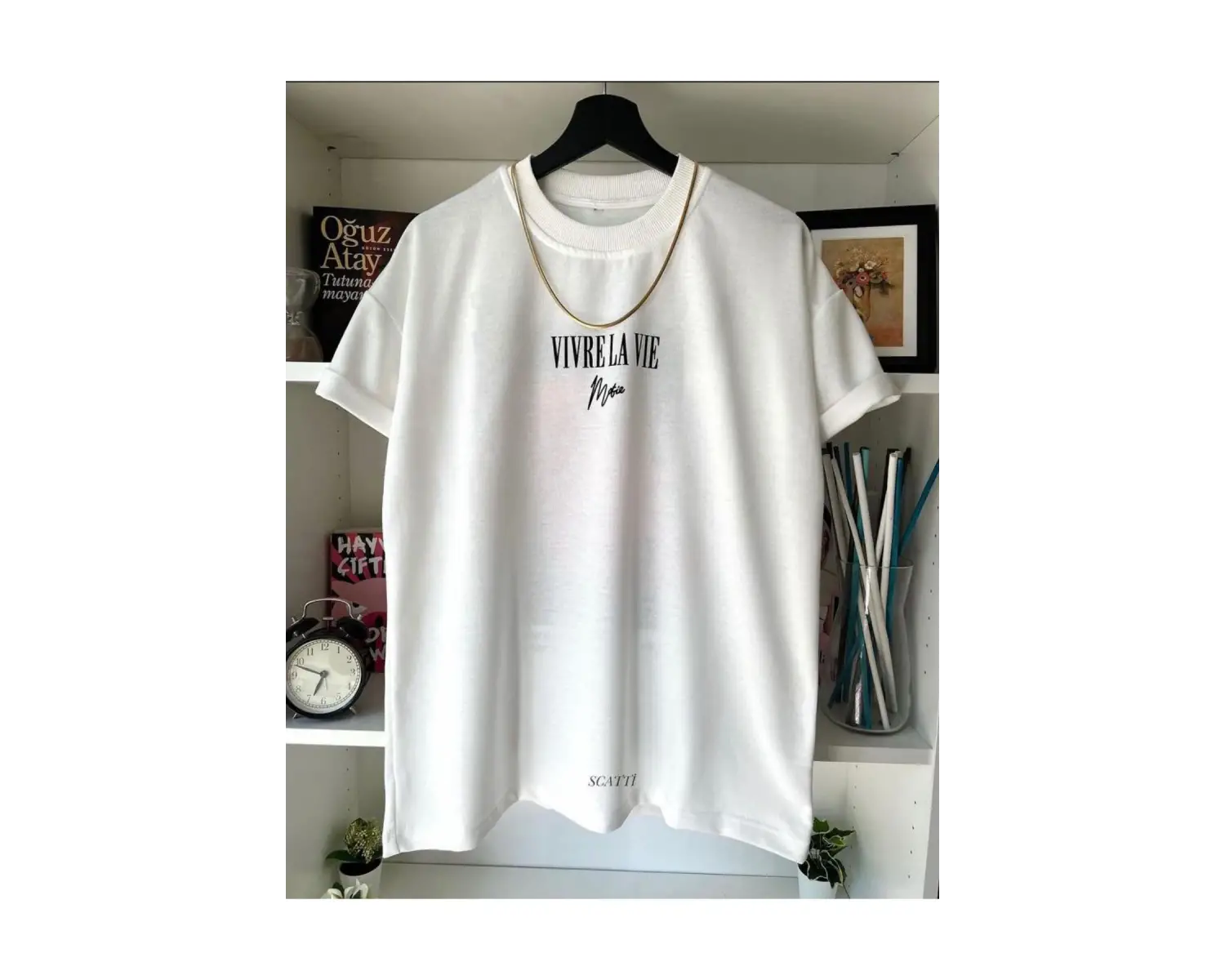 Unisex Beyaz Vivre La Vie Baskılı Oversize Bisiklet Yaka Penye Tişört