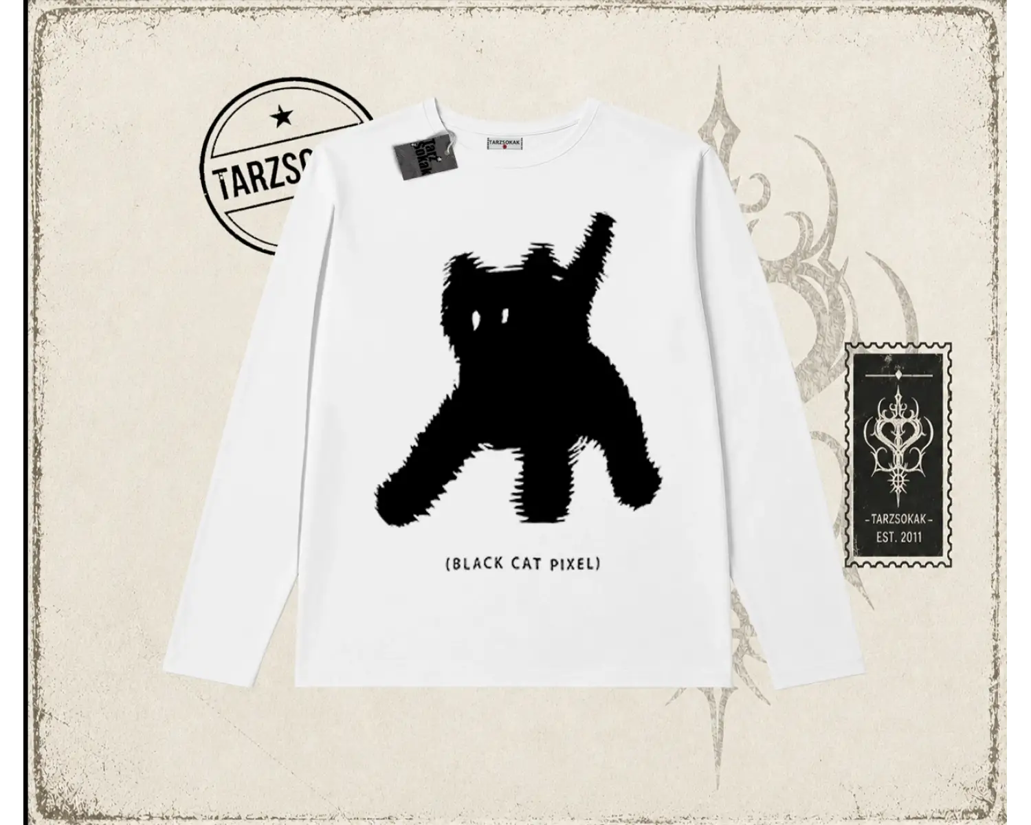 Unisex Black Cat Pixel Biskilet Yaka  Long Sleeve Beyaz