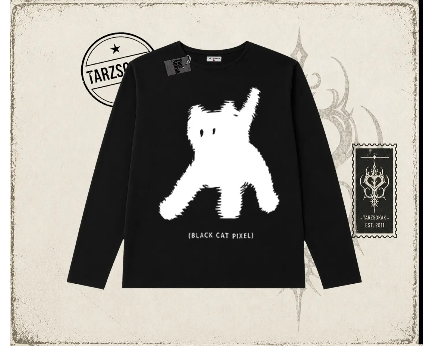 Unisex Black Cat Pixel Biskilet Yaka  Long Sleeve Beyaz