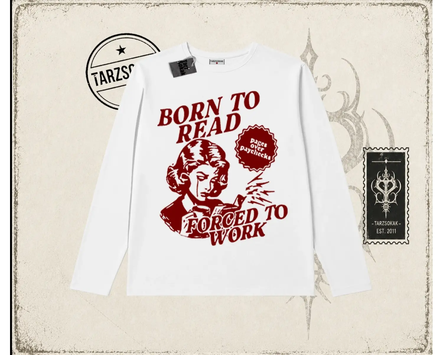 Unisex Born to Read Biskilet Yaka  Long Sleeve Beyaz