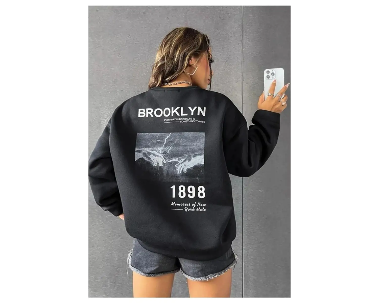 Unisex Brooklyn Baskılı Bisiklet Yaka Sweatshirt Beyaz